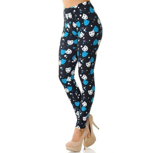Plus Size All Over Blue and White Comedy‎ Tragedy Mask Legging Print - Picture 9 of 9